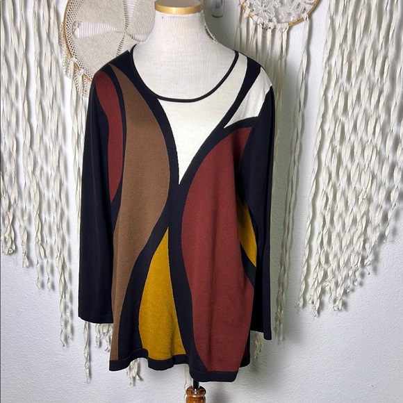Marina Rinaldi Silk Knit Rust Wheat Cream Black Geometric Print Sweater L - Picture 1 of 10
